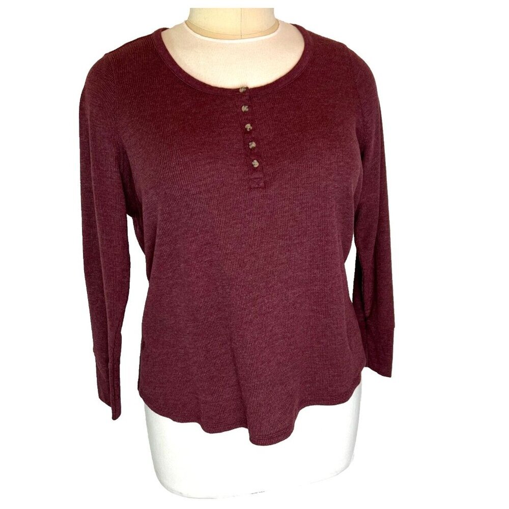 Terra & Sky - Women's 2X Henley Neck Long Sleeve Tee Shirt Burgundy Ribbed - Picture 2 of 10